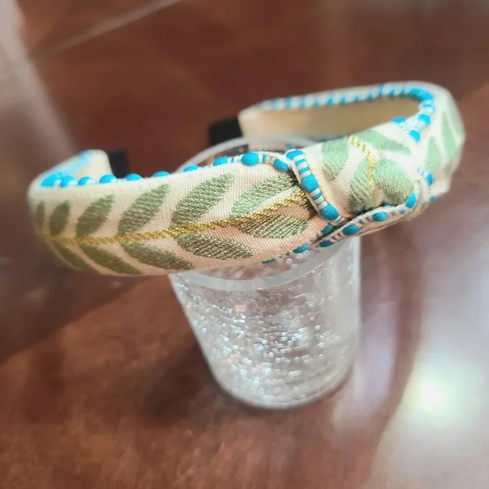 Top Knot Headband For Women Girls Leaves Fabric Hair Accessory Gift Green Blue